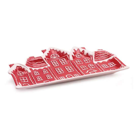 Melrose Red & White Ceramic Snowy Village Plates, 4ct.